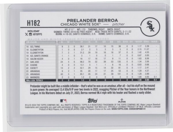 2024 Topps Holliday Prelander Berroa Rookie H182 White Sox - Image 3