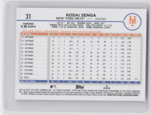 2024 Topps Kodai Senga #292 Mets - Image 3