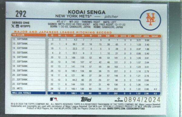 2024 Topps Kodai Senga Gold /2024 RC #292 Mets - Image 3