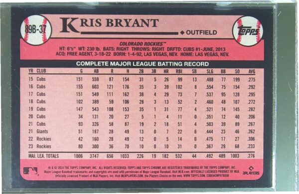 2024 Topps Kris Bryant #89B-37 Rockies 1989 Topps Baseball 35th Anniversary Foil - Image 3