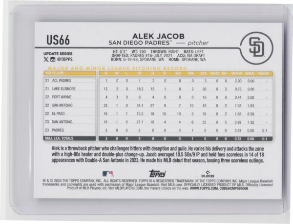 2024 Topps Update Alek Jacob RC #US66 Padres - Image 3