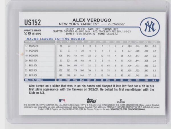2024 Topps Update Alex Verdugo #US152 Yankees - Image 3