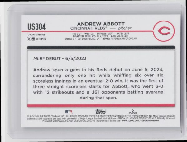 2024 Topps Update Andrew Abbott RC #US304 Reds - Image 3