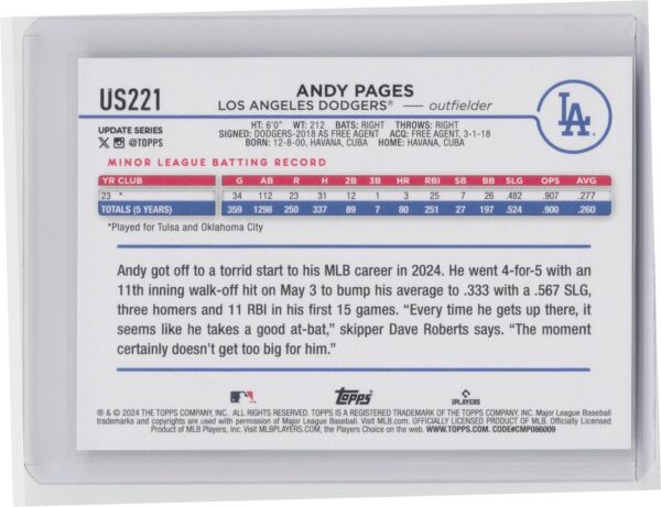 2024 Topps Update Andy Pages RC #US221 Dodgers - Image 3