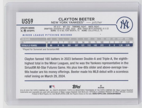 2024 Topps Update Clayton Beeter RC #US59 Yankees - Image 3