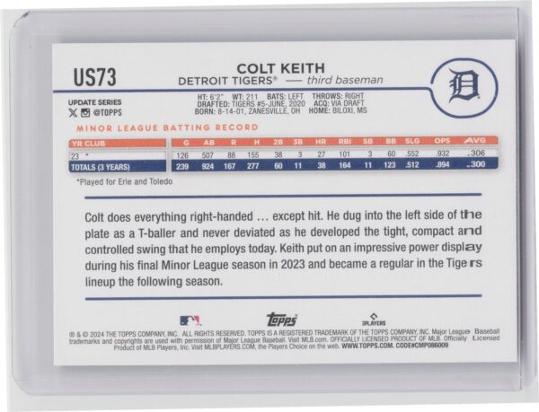 2024 Topps Update Colt Keith Rainbow Foil #US73 Tigers - Image 3