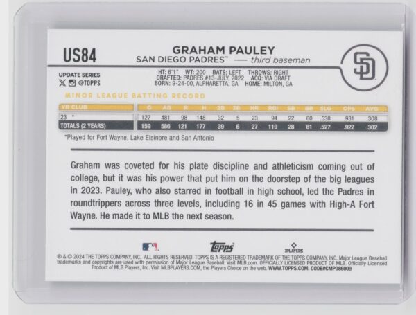 2024 Topps Update Graham Pauley RC #US84 Padres - Image 3
