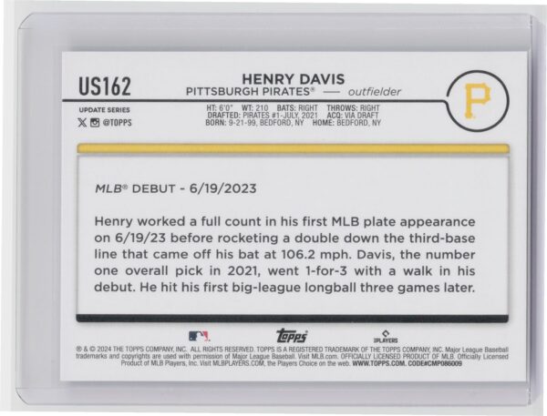 2024 Topps Update Henry Davis RC #US162 Pirates - Image 3