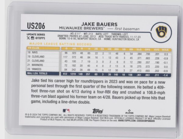 2024 Topps Update Jake Bauers Rainbow Foil #US206 Brewers - Image 3