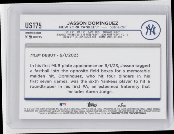 2024 Topps Update Jasson Domínguez RC #US175 Yankees - Image 3
