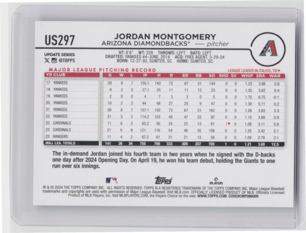 2024 Topps Update Jordan Montgomery #US297 Diamondbacks - Image 3