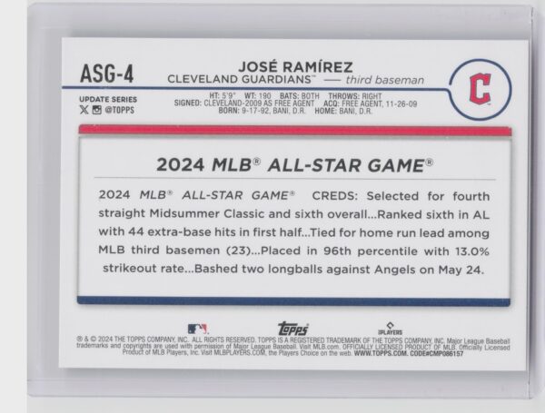 2024 Topps Update Jose Ramirez #ASG-4 Guardians 2024 All Star Game - Image 3