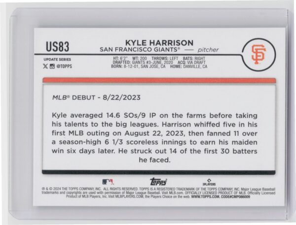 2024 Topps Update Kyle Harrison #US83 Giants - Image 3