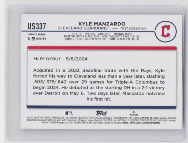 2024 Topps Update Kyle Manzardo RC #US337 Guardians - Image 3