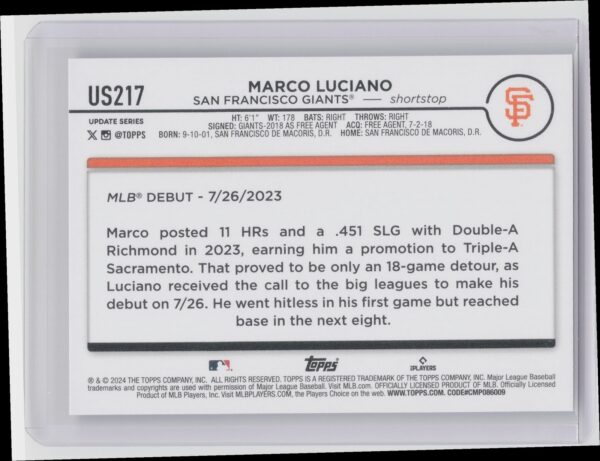 2024 Topps Update Marco Luciano RC #US217 Giants - Image 3