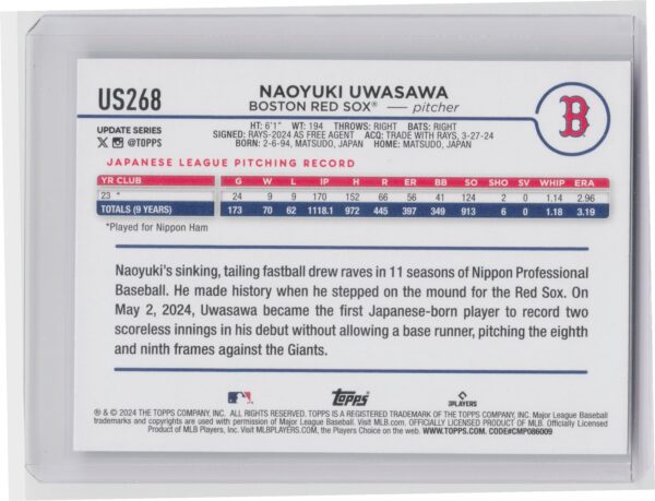 2024 Topps Update Naoyuki Uwasawa RC #US268 Sox - Image 3