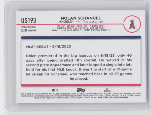 2024 Topps Update Nolan Schanuel RC #US193 Angels - Image 3