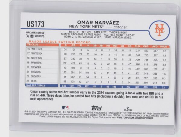 2024 Topps Update Omar Narvaez #US173 Mets - Image 3