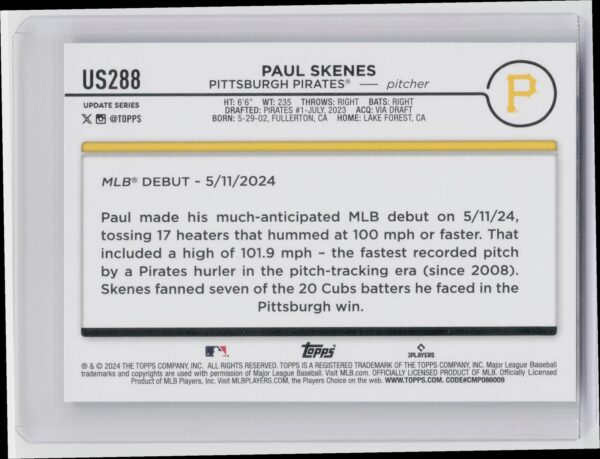 2024 Topps Update Paul Skenes RC #US288 Pirates - Image 3