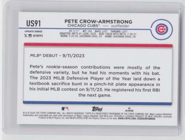 2024 Topps Update Pete Crow-Armstrong RC #US91 Cubs - Image 3