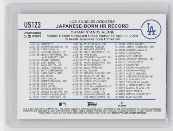 2024 Topps Update Shohei Ohtani Yellow #US123 Dodgers - Image 3