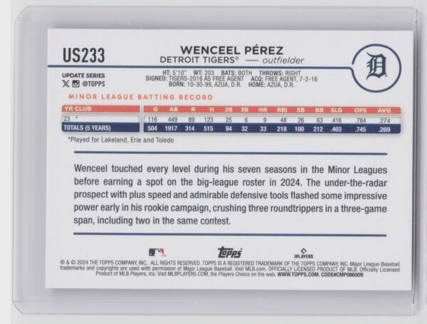 2024 Topps Update Wenceel Perez RC #US233 Tigers - Image 3