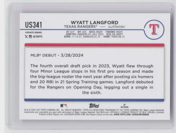 2024 Topps Update Wyatt Langford #US341 Rangers - Image 3