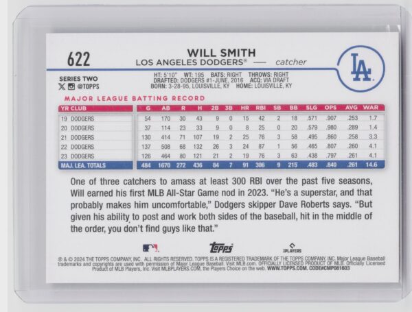 2024 Topps Will Smith Holiday #622 Dodgers - Image 3