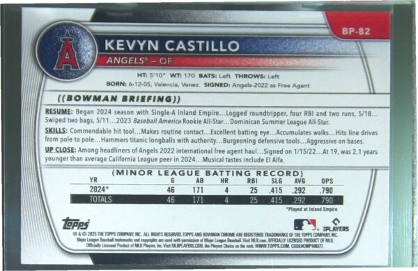 2025 Bowman Kevyn Castillo #BP-82 Angels Prospects - Image 3