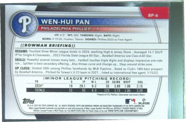 2025 Bowman Wen-Hui Pan #BP-6 Phillies Prospects - Image 3