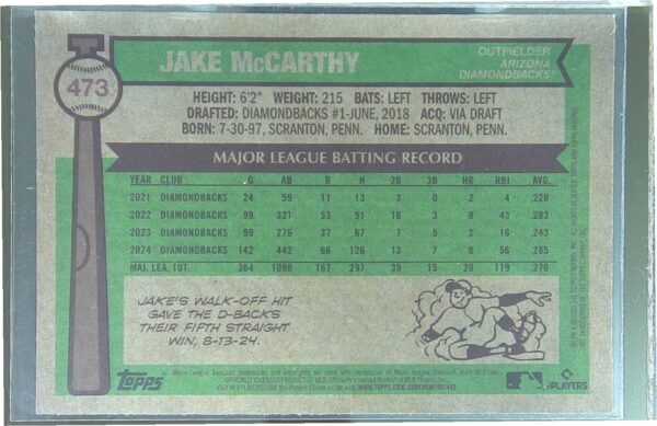 2025 Heritage Jake McCarthy Chrome Pink Sparkle Refractor #473 Diamondbacks - Image 3