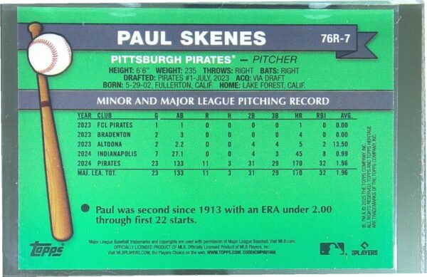 2025 Heritage Paul Skenes #76R-7 Pirates 1976 Redefined Holographic - Image 3