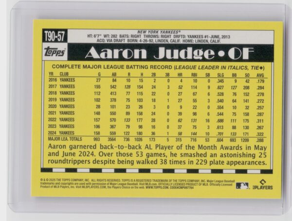 2025 Topps Aaron Judge #T90-57 Yankees 1990 Topps Baseball 35th Anniversary - Image 3