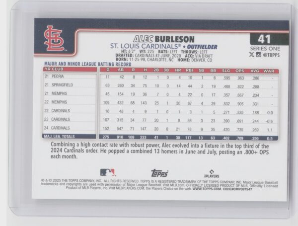 2025 Topps Alec Burleson Rainbow Foil #41 Cardinals - Image 3