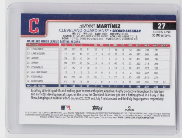 2025 Topps Angel Martinez RC #27 Guardians - Image 3