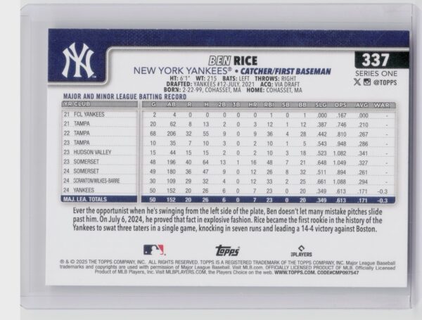 2025 Topps Ben Rice RC #337 Yankees - Image 3