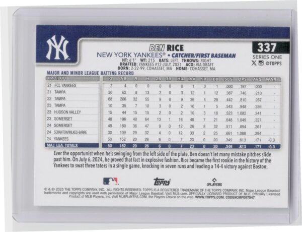2025 Topps Ben Rice RC #337 Yankees - Image 3