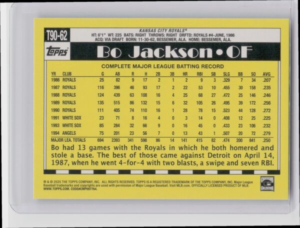 2025 Topps Bo Jackson 1990 Topps Baseball 35th Anniversary  #T90-62 Royals - Image 3