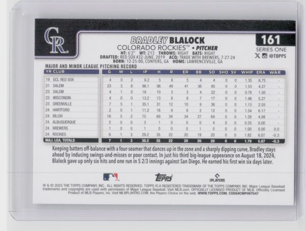 2025 Topps Bradley Blalock RC #161 Rockies - Image 3