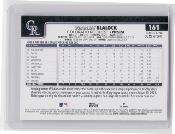 2025 Topps Bradley Blalock RC #161 Rockies - Image 3
