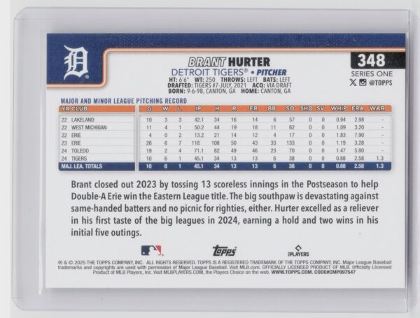 2025 Topps Brant Hurter RC #348 Tigers - Image 3