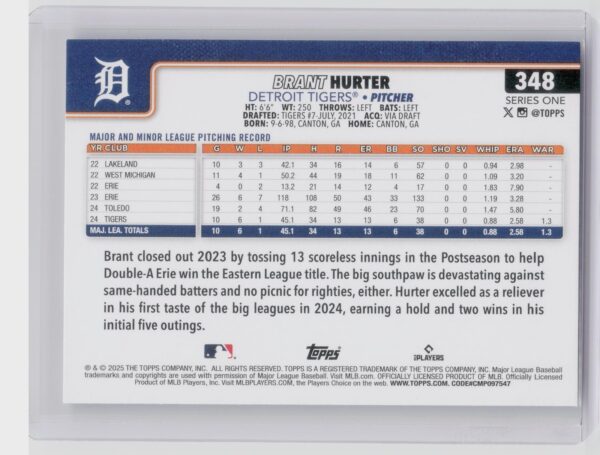 2025 Topps Brant Hurter RC #348 Tigers - Image 3