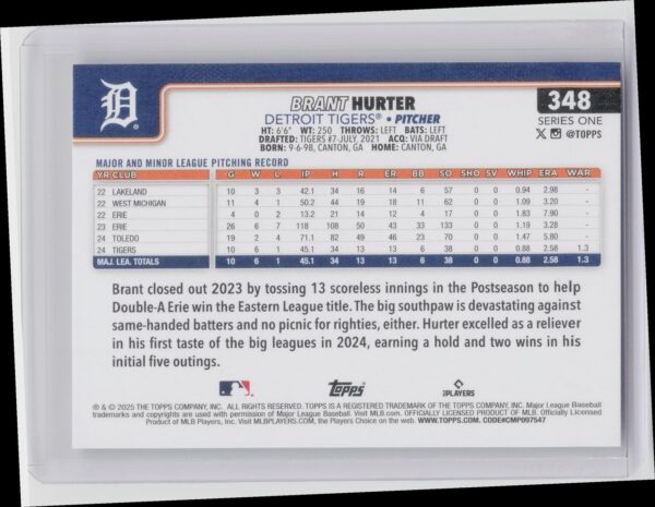 2025 Topps Brant Hurter RC #348 Tigers - Image 3