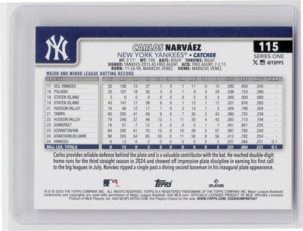 2025 Topps Carlos Narvaez RC #115 Yankees - Image 3