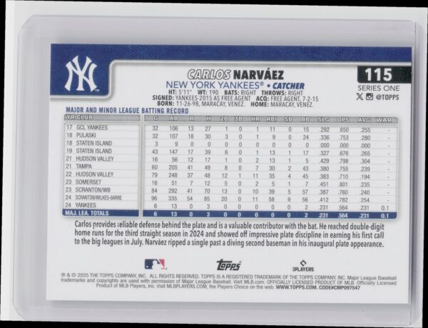 2025 Topps Carlos Narvaez RC #115 Yankees - Image 3