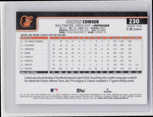 2025 Topps Colton Cowser #230 Orioles - Image 3