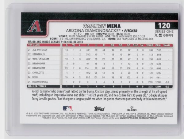 2025 Topps Cristian Mena RC #120 Diamondbacks - Image 3