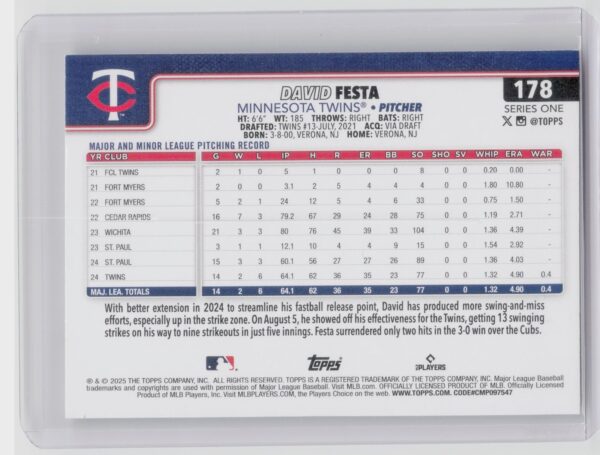 2025 Topps David Festa RC #178 Twins - Image 3
