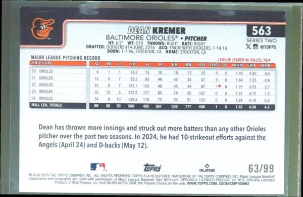 2025 Topps Dean Kremer Green Foil /99 #563 Orioles - Image 3
