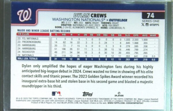 2025 Topps Dylan Crews RC #74 Nationals - Image 3